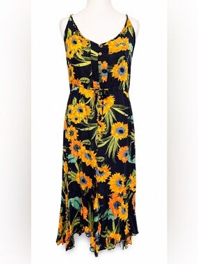 Sunflower Midi Dress XL Cottagecore Floral Button Front Summer Dress